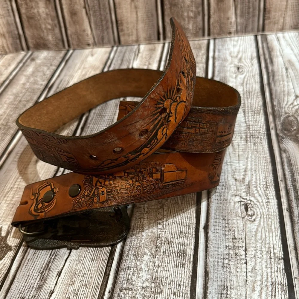 Bergamot Locomotive Vtg Brass Buckle Railfan Leather Tooled Belt 38-42 Unisex